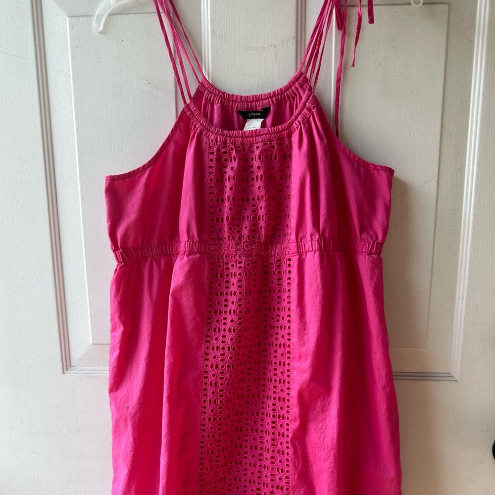 J Crew bright pink spaghetti strap sun dress w eyelet pattern in front